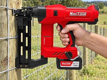 NailTask DCFS90 cordless fencing stapler securing wire mesh to a timber fence post