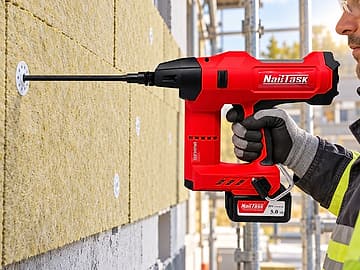 Installer pinning mineral wool facade insulation with the NailTask DCCN120IP-250 cordless insulation pin nailer