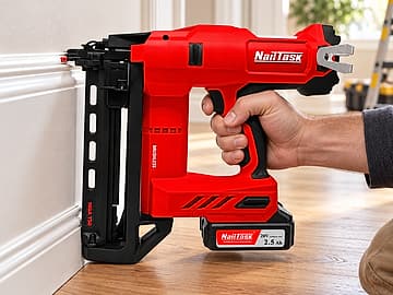 NailTask DCFN40-T50 cordless finish nailer fixing skirting board in a completed interior
