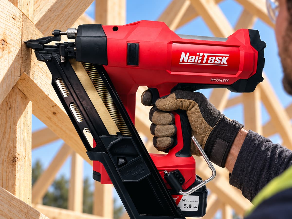 Carpenter fastening a timber roof truss with the NailTask DCFN110-3490 20V cordless framing nailer