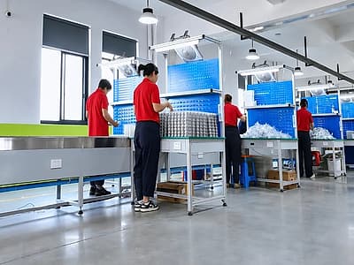 Operators assembling concrete nailers at station-level workbenches in the NailTask workshop