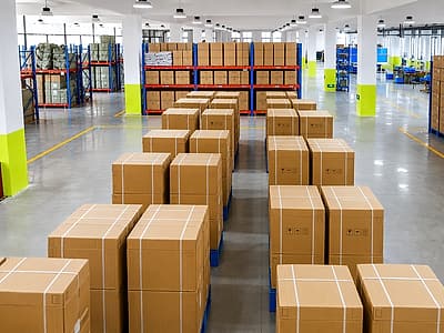 Cartons of semi-finished cordless nailer sub-assemblies stored in the NailTask production warehouse